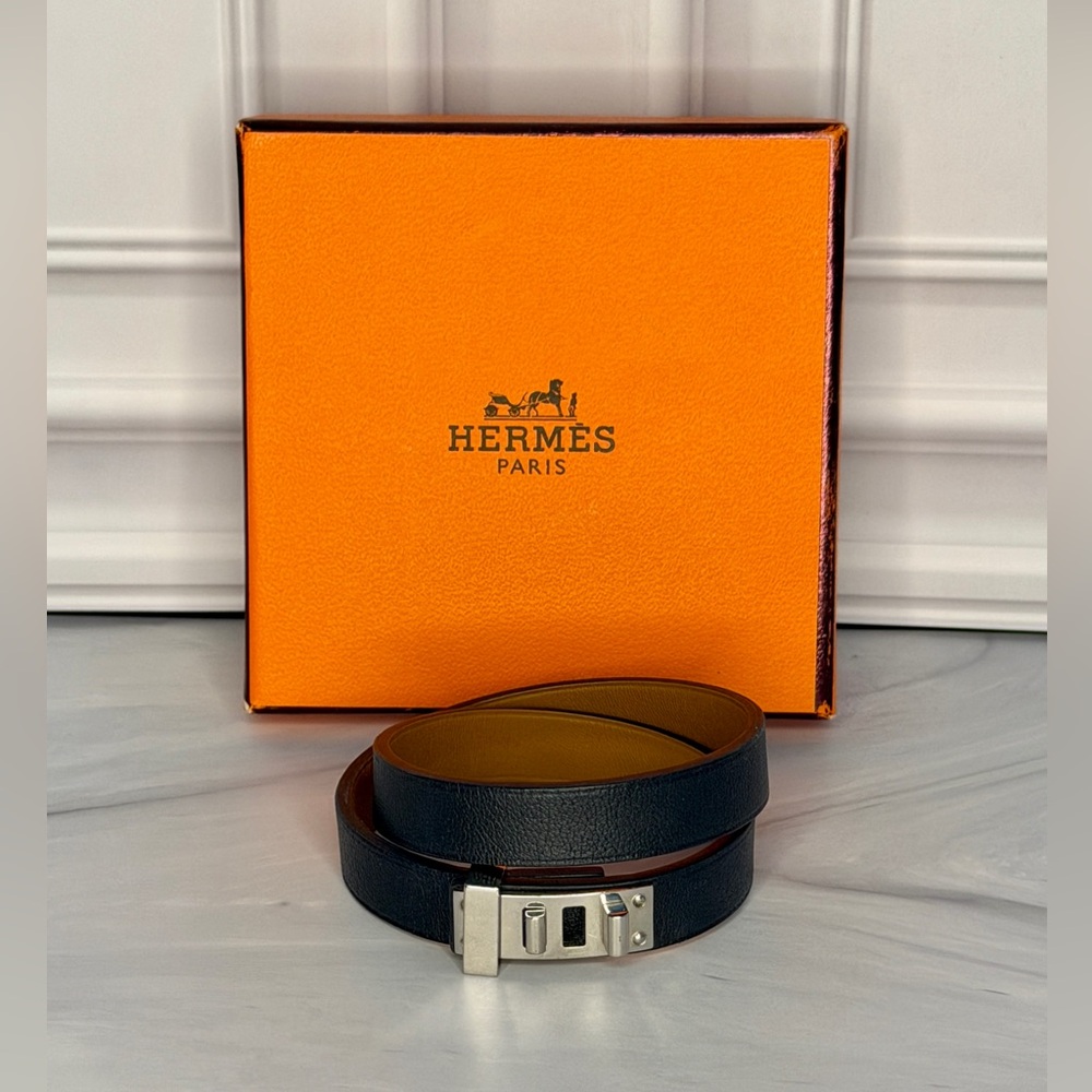 Hermes Black Mini Kelly Double Leather & Silver Hardware Bracelet | Full Set